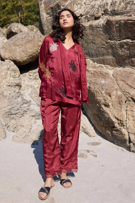 Shop_Ayaka_Burgundy Cotton, Viscose Embroidery Bloom Top With Inner _Online_at_Aza_Fashions