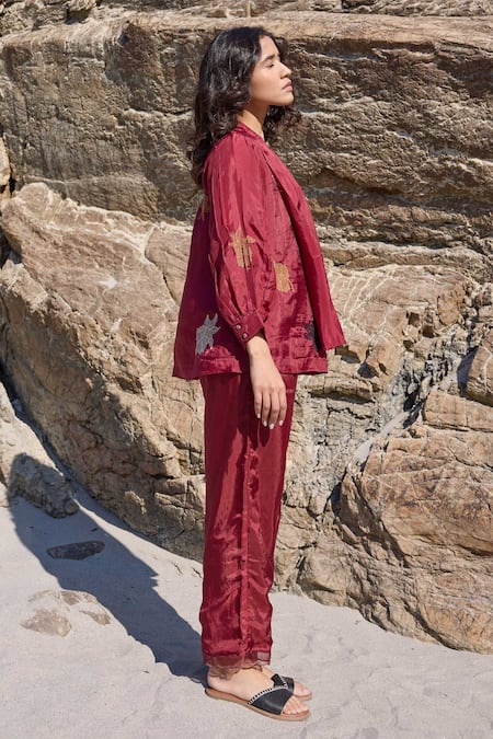 Ayaka_Burgundy Cotton, Viscose Embroidery Bloom Top With Inner _at_Aza_Fashions