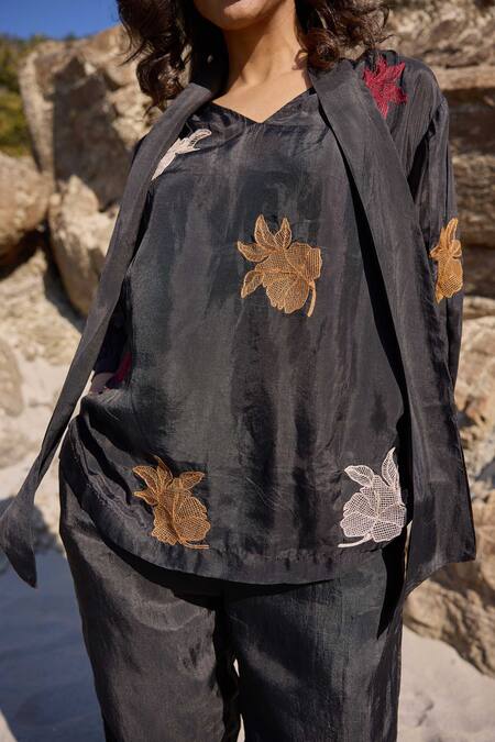 Ayaka_Black Cotton, Viscose Embroidery Blossom Top With Inner _Online_at_Aza_Fashions