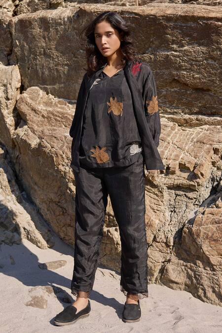 Buy_Ayaka_Black Cotton, Viscose Embroidery Blossom Top With Inner _Online_at_Aza_Fashions
