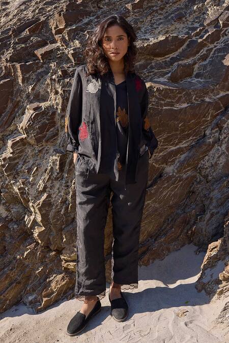 Shop_Ayaka_Black Cotton, Viscose Embroidery Blossom Top With Inner _Online_at_Aza_Fashions