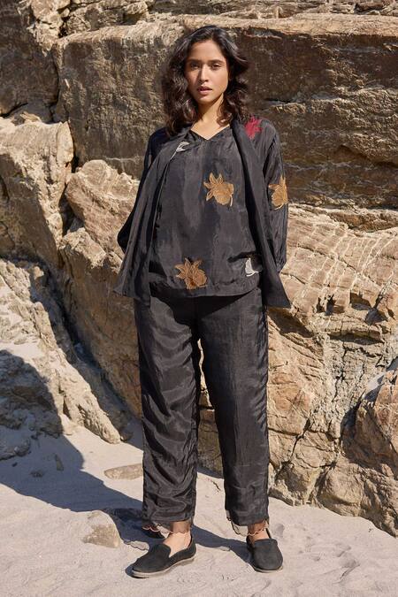 Ayaka_Black Cotton, Viscose Embroidery Blossom Top With Inner _at_Aza_Fashions