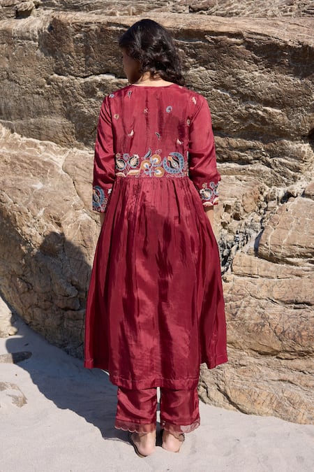 Ayaka Burgundy Ornate Blossom Embroidered Kurta 