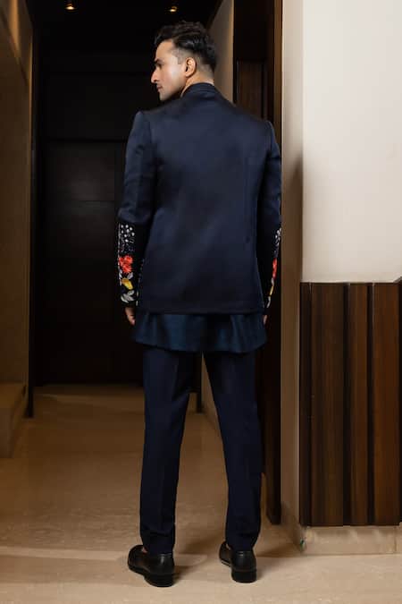 Shop Yoseba Blue Linen, Bamboo, Cotton Embroidery Floral Jacket And Kurta Set at Aza Fashions Shop_Yoseba_Blue Linen, Bamboo, Cotton Embroidery Floral Jacket And Kurta Set _at_Aza_Fashions