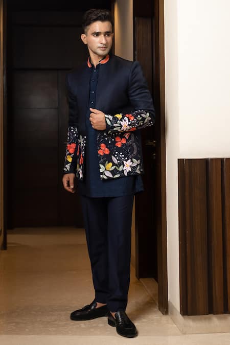 Buy Yoseba Blue Linen, Bamboo, Cotton Embroidery Floral Jacket And Kurta Set Online at Aza Fashions Buy_Yoseba_Blue Linen, Bamboo, Cotton Embroidery Floral Jacket And Kurta Set _Online_at_Aza_Fashions