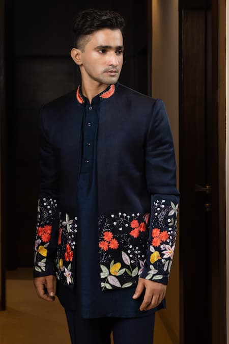 Shop Yoseba Blue Linen, Bamboo, Cotton Embroidery Floral Jacket And Kurta Set Online at Aza Fashions Shop_Yoseba_Blue Linen, Bamboo, Cotton Embroidery Floral Jacket And Kurta Set _Online_at_Aza_Fashions