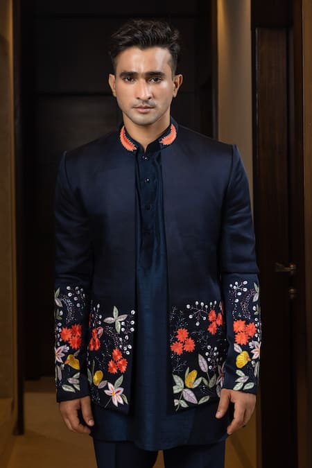 Yoseba Blue Linen, Bamboo, Cotton Embroidery Floral Jacket And Kurta Set at Aza Fashions Yoseba_Blue Linen, Bamboo, Cotton Embroidery Floral Jacket And Kurta Set _at_Aza_Fashions