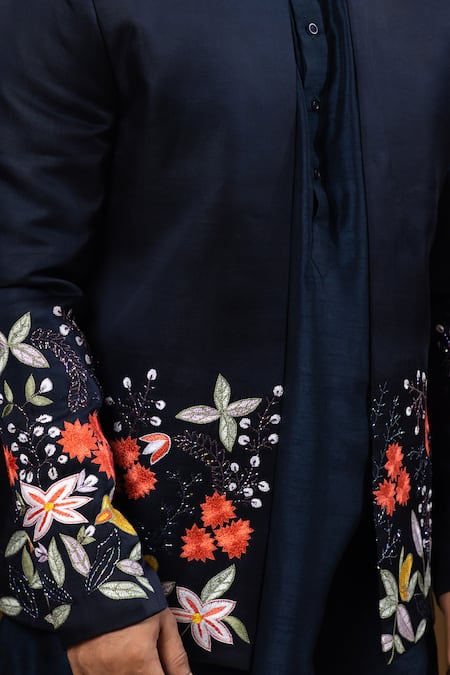 Buy Yoseba Blue Linen, Bamboo, Cotton Embroidery Floral Jacket And Kurta Set Buy_Yoseba_Blue Linen, Bamboo, Cotton Embroidery Floral Jacket And Kurta Set