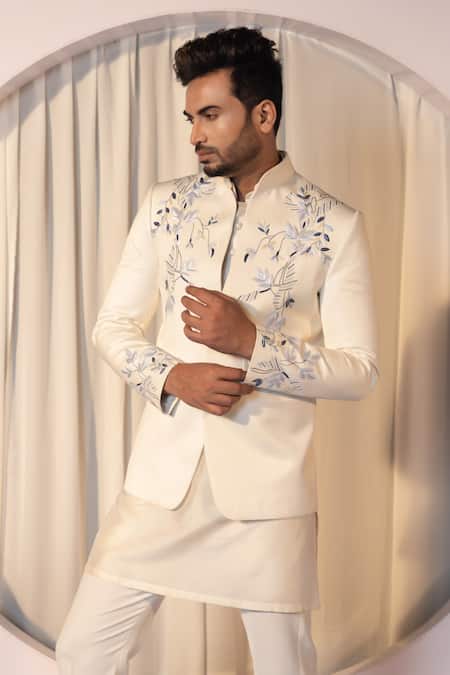 Buy_Yoseba_Ivory Cotton Embroidery, Cut Work Bandhgala And Trouser Set _Online_at_Aza_Fashions