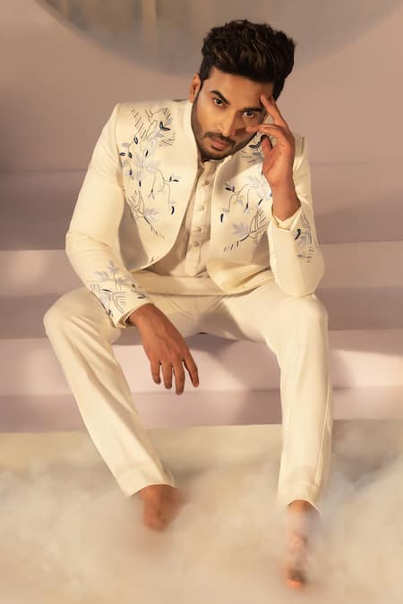 Shop_Yoseba_Ivory Cotton Embroidery, Cut Work Bandhgala And Trouser Set _Online_at_Aza_Fashions