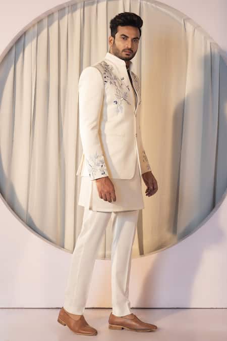 Yoseba_Ivory Cotton Embroidery, Cut Work Bandhgala And Trouser Set _at_Aza_Fashions