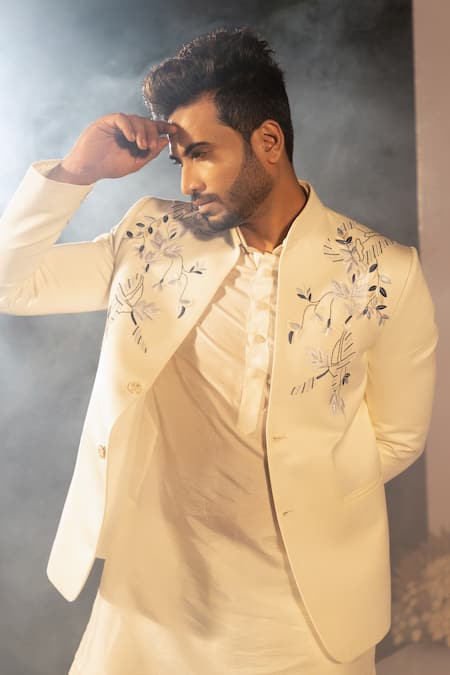 Shop_Yoseba_Ivory Cotton Embroidery, Cut Work Bandhgala And Trouser Set 