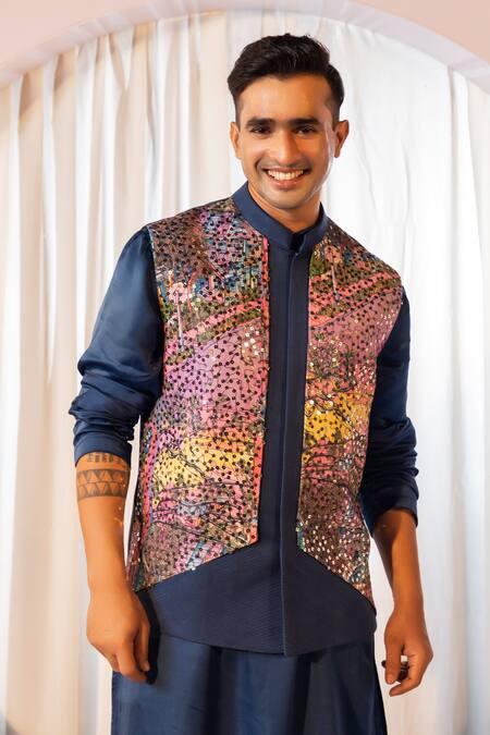 Shop_Yoseba_Navy Linen, Satin, Cotton Sequins Embroidered Panel Bundi Kurta Set _Online_at_Aza_Fashions