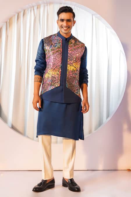 Yoseba_Navy Linen, Satin, Cotton Sequins Embroidered Panel Bundi Kurta Set _at_Aza_Fashions
