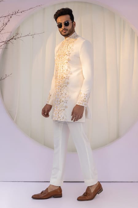 Buy_Yoseba_Ivory Cotton, Silk Zari Zardozi Embroidered Achkan And Trouser Set _Online_at_Aza_Fashions