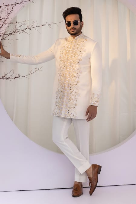Shop_Yoseba_Ivory Cotton, Silk Zari Zardozi Embroidered Achkan And Trouser Set _Online_at_Aza_Fashions