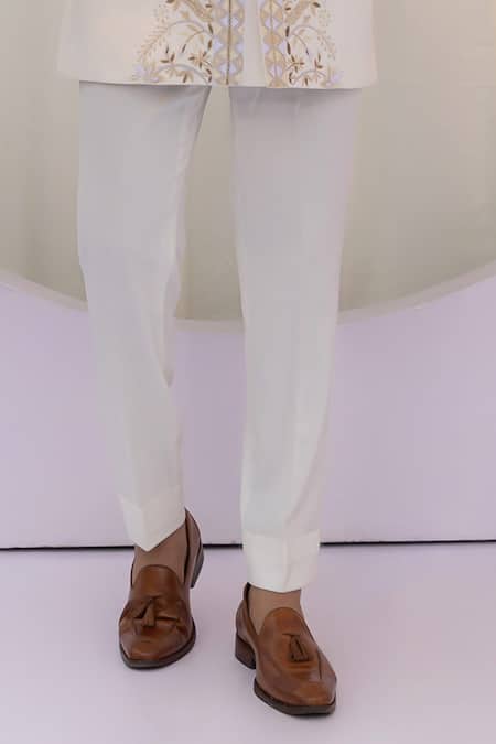 Yoseba_Ivory Cotton, Silk Zari Zardozi Embroidered Achkan And Trouser Set _at_Aza_Fashions