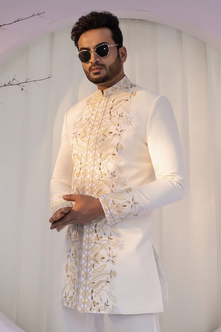 Buy_Yoseba_Ivory Cotton, Silk Zari Zardozi Embroidered Achkan And Trouser Set 