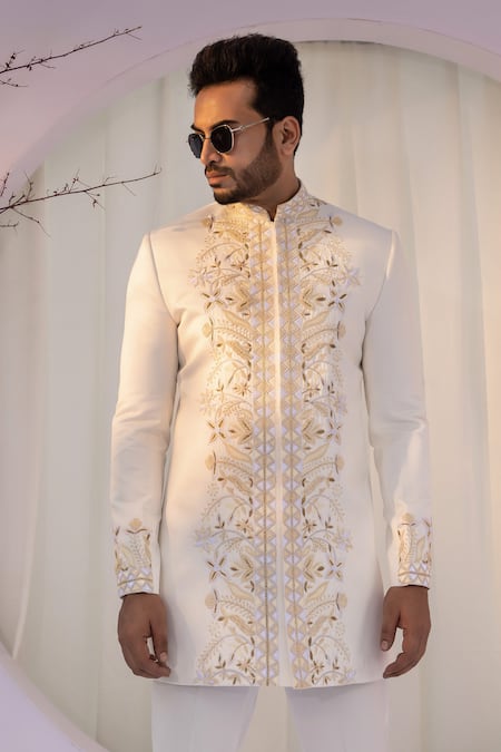 Shop_Yoseba_Ivory Cotton, Silk Zari Zardozi Embroidered Achkan And Trouser Set 