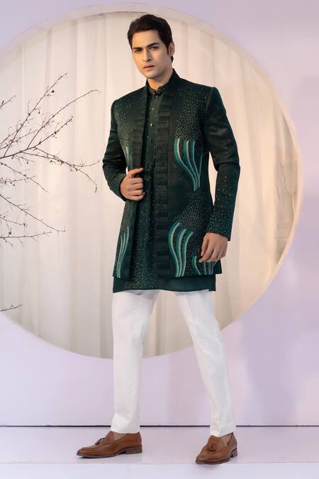 Buy_Yoseba_Emerald Green Linen, Satin, Bamboo, Cotton Cut Work, Wave Jacket Kurta Set _Online_at_Aza_Fashions