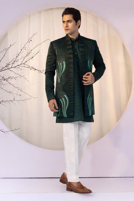 Shop_Yoseba_Emerald Green Linen, Satin, Bamboo, Cotton Cut Work, Wave Jacket Kurta Set _Online_at_Aza_Fashions