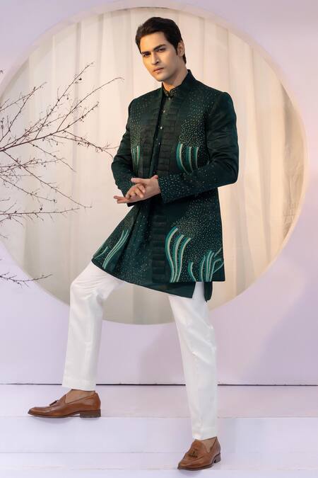 Yoseba_Emerald Green Linen, Satin, Bamboo, Cotton Cut Work, Wave Jacket Kurta Set _at_Aza_Fashions