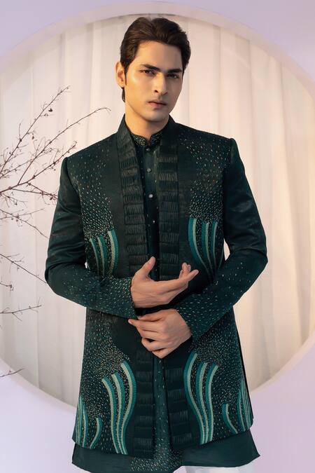 Buy_Yoseba_Emerald Green Linen, Satin, Bamboo, Cotton Cut Work, Wave Jacket Kurta Set 
