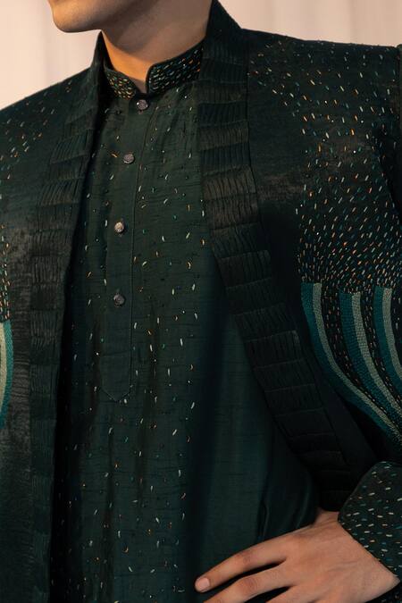 Shop_Yoseba_Emerald Green Linen, Satin, Bamboo, Cotton Cut Work, Wave Jacket Kurta Set 