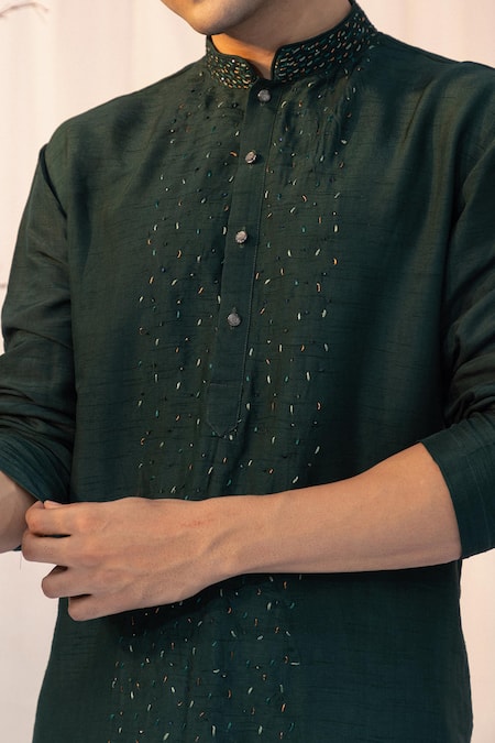 Yoseba_Emerald Green Bamboo, Cotton Cut Work Embroidered Kurta And Pant Set _Online_at_Aza_Fashions