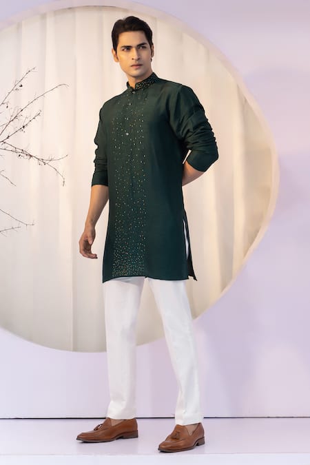 Shop_Yoseba_Emerald Green Bamboo, Cotton Cut Work Embroidered Kurta And Pant Set _Online_at_Aza_Fashions