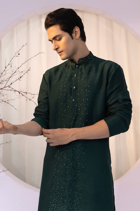 Yoseba_Emerald Green Bamboo, Cotton Cut Work Embroidered Kurta And Pant Set _at_Aza_Fashions