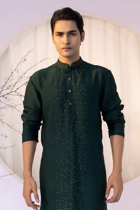 Buy_Yoseba_Emerald Green Bamboo, Cotton Cut Work Embroidered Kurta And Pant Set 