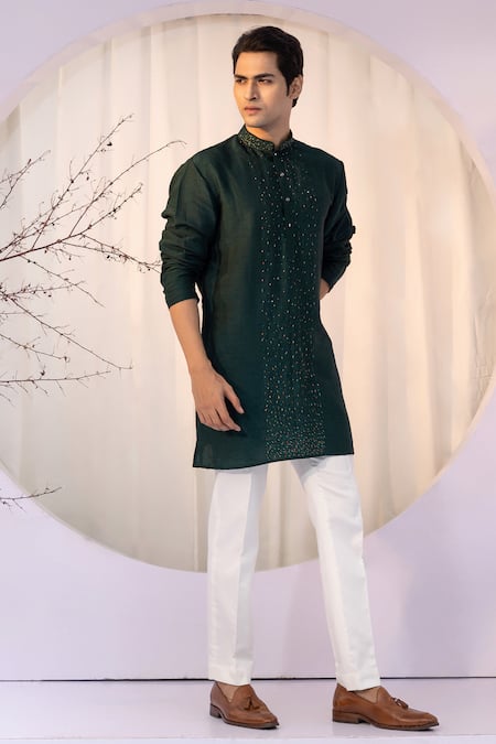 Shop_Yoseba_Emerald Green Bamboo, Cotton Cut Work Embroidered Kurta And Pant Set 
