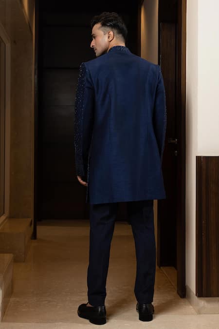 Shop Yoseba Navy Cotton Cut Work Blue Cutdana Embroidered Achkan Set at Aza Fashions Shop_Yoseba_Navy Cotton Cut Work Blue Cutdana Embroidered Achkan Set _at_Aza_Fashions