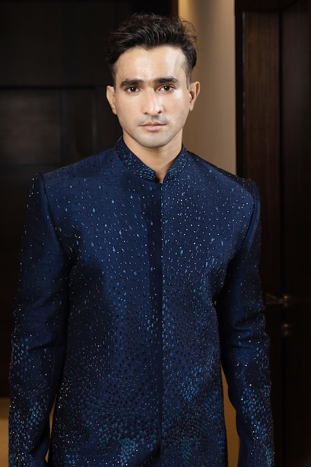 Buy Yoseba Navy Cotton Cut Work Blue Cutdana Embroidered Achkan Set Online at Aza Fashions Buy_Yoseba_Navy Cotton Cut Work Blue Cutdana Embroidered Achkan Set _Online_at_Aza_Fashions