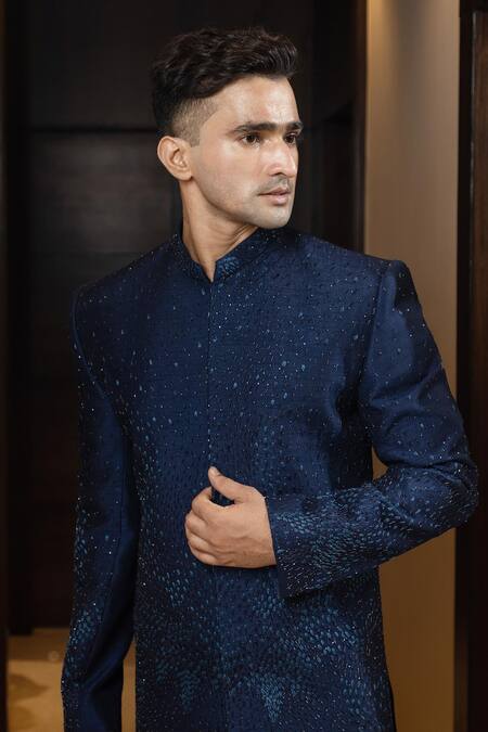 Shop Yoseba Navy Cotton Cut Work Blue Cutdana Embroidered Achkan Set Online at Aza Fashions Shop_Yoseba_Navy Cotton Cut Work Blue Cutdana Embroidered Achkan Set _Online_at_Aza_Fashions