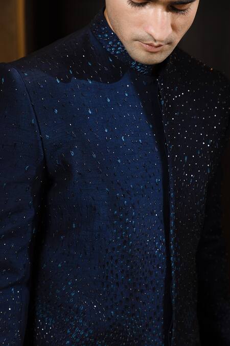 Yoseba Navy Cotton Cut Work Blue Cutdana Embroidered Achkan Set at Aza Fashions Yoseba_Navy Cotton Cut Work Blue Cutdana Embroidered Achkan Set _at_Aza_Fashions