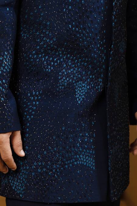 Buy Yoseba Navy Cotton Cut Work Blue Cutdana Embroidered Achkan Set Buy_Yoseba_Navy Cotton Cut Work Blue Cutdana Embroidered Achkan Set