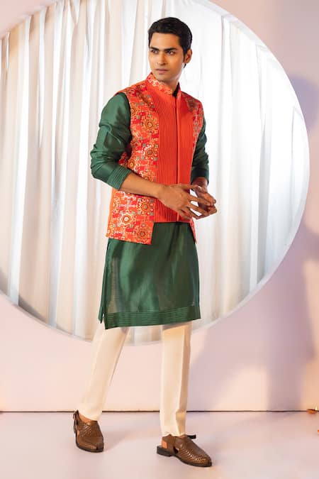 Buy Yoseba Orange Bamboo, Cotton Sequins, Embroidery Mandala Print Bundi Kurta Set Online at Aza Fashions Buy_Yoseba_Orange Bamboo, Cotton Sequins, Embroidery Mandala Print Bundi Kurta Set _Online_at_Aza_Fashions