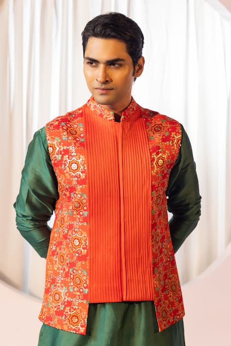 Yoseba Orange Bamboo, Cotton Sequins, Embroidery Mandala Print Bundi Kurta Set at Aza Fashions Yoseba_Orange Bamboo, Cotton Sequins, Embroidery Mandala Print Bundi Kurta Set _at_Aza_Fashions