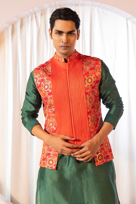 Shop Yoseba Orange Bamboo, Cotton Sequins, Embroidery Mandala Print Bundi Kurta Set Shop_Yoseba_Orange Bamboo, Cotton Sequins, Embroidery Mandala Print Bundi Kurta Set