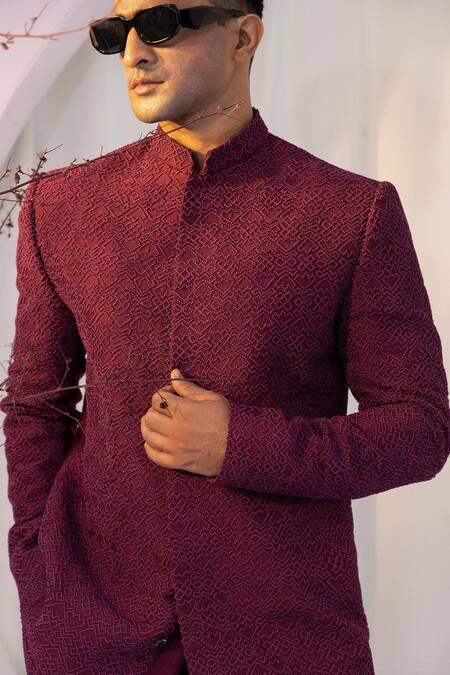 Shop_Yoseba_Black Polyester, Cotton Embroidery Maroon French Knot Achkan Set _Online_at_Aza_Fashions