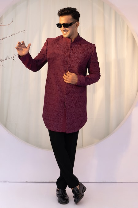 Yoseba_Black Polyester, Cotton Embroidery Maroon French Knot Achkan Set _at_Aza_Fashions