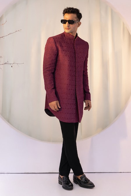 Buy_Yoseba_Black Polyester, Cotton Embroidery Maroon French Knot Achkan Set 