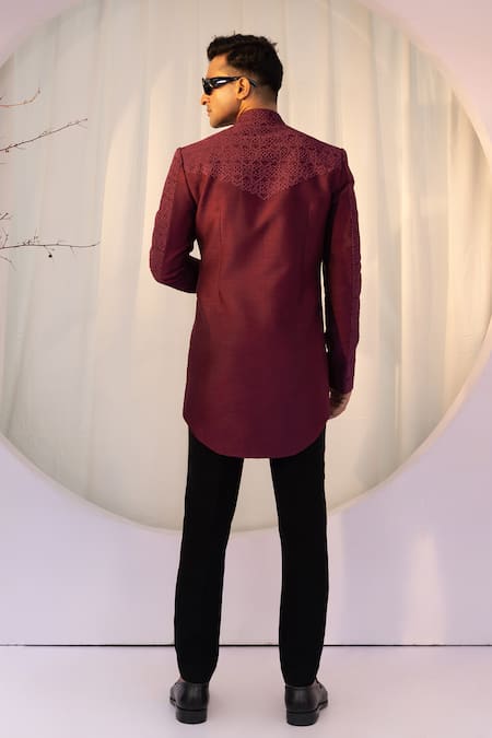 Yoseba Maroon French Knot Embroidered Achkan Set 