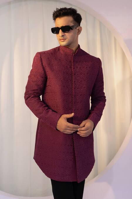 Shop_Yoseba_Black Polyester, Cotton Embroidery Maroon French Knot Achkan Set 