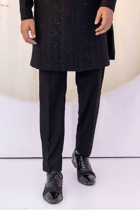 Buy Yoseba Black Bamboo Cut Work Tonal Geometric Embroidered Achkan And Trouser Online at Aza Fashions Buy_Yoseba_Black Bamboo Cut Work Tonal Geometric Embroidered Achkan And Trouser _Online_at_Aza_Fashions