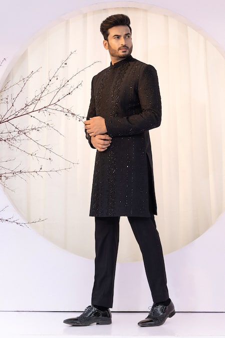 Shop Yoseba Black Bamboo Cut Work Tonal Geometric Embroidered Achkan And Trouser Online at Aza Fashions Shop_Yoseba_Black Bamboo Cut Work Tonal Geometric Embroidered Achkan And Trouser _Online_at_Aza_Fashions