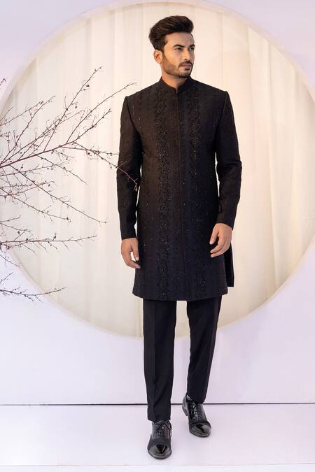 Yoseba Black Bamboo Cut Work Tonal Geometric Embroidered Achkan And Trouser at Aza Fashions Yoseba_Black Bamboo Cut Work Tonal Geometric Embroidered Achkan And Trouser _at_Aza_Fashions