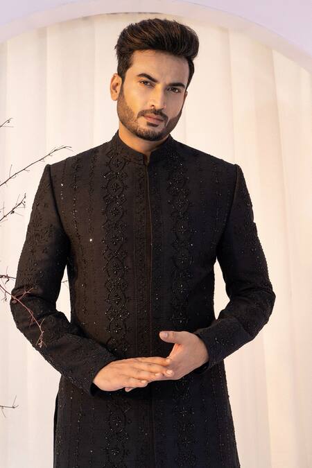 Buy Yoseba Black Bamboo Cut Work Tonal Geometric Embroidered Achkan And Trouser Buy_Yoseba_Black Bamboo Cut Work Tonal Geometric Embroidered Achkan And Trouser